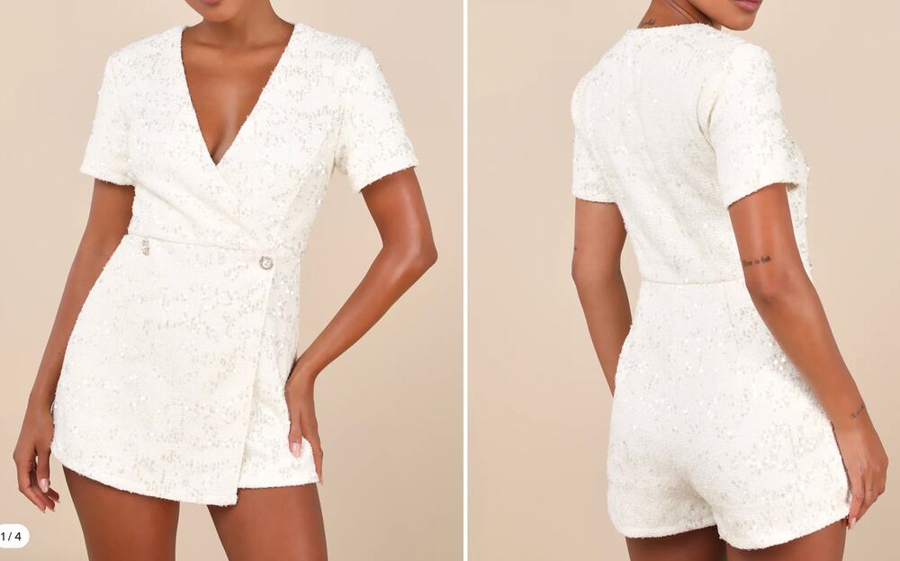 LULUs Glittering Charisma Cream Skort Romper Sequin Tweed Short Sleeve M Medium